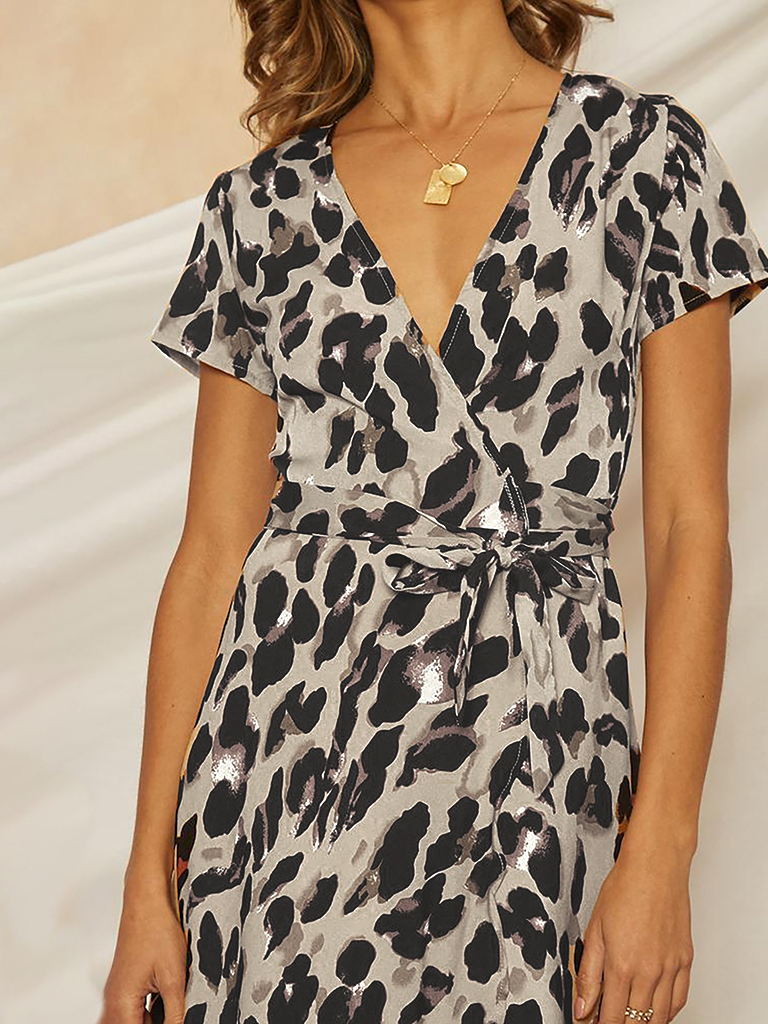 Women's Leopard Print Deep V Lace-Up Dress
