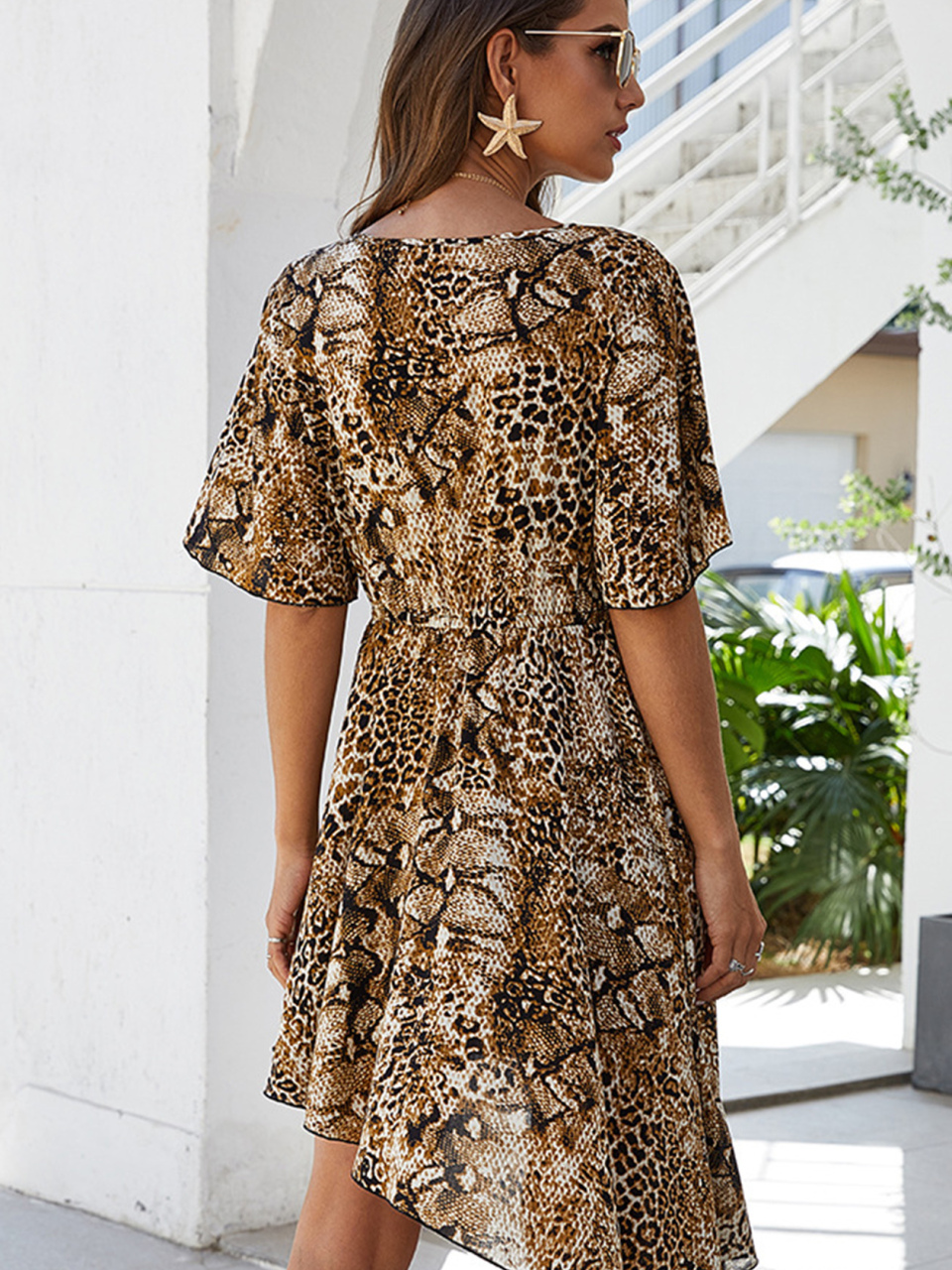 Women's Spring New Irregular Leopard Print Dress V-Neck Skirt