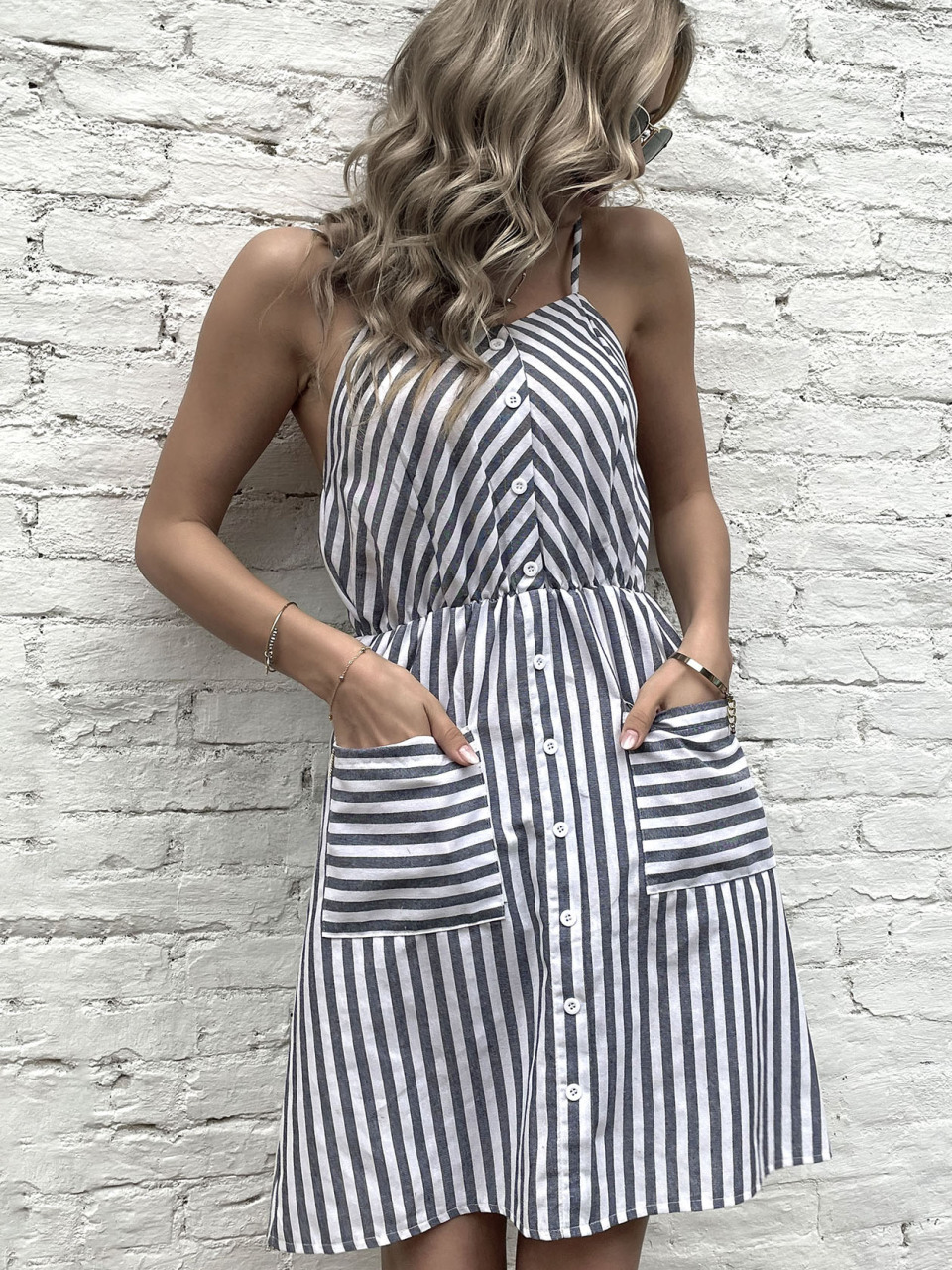 Women's Slip Dress Grey Striped Cotton Linen Dress