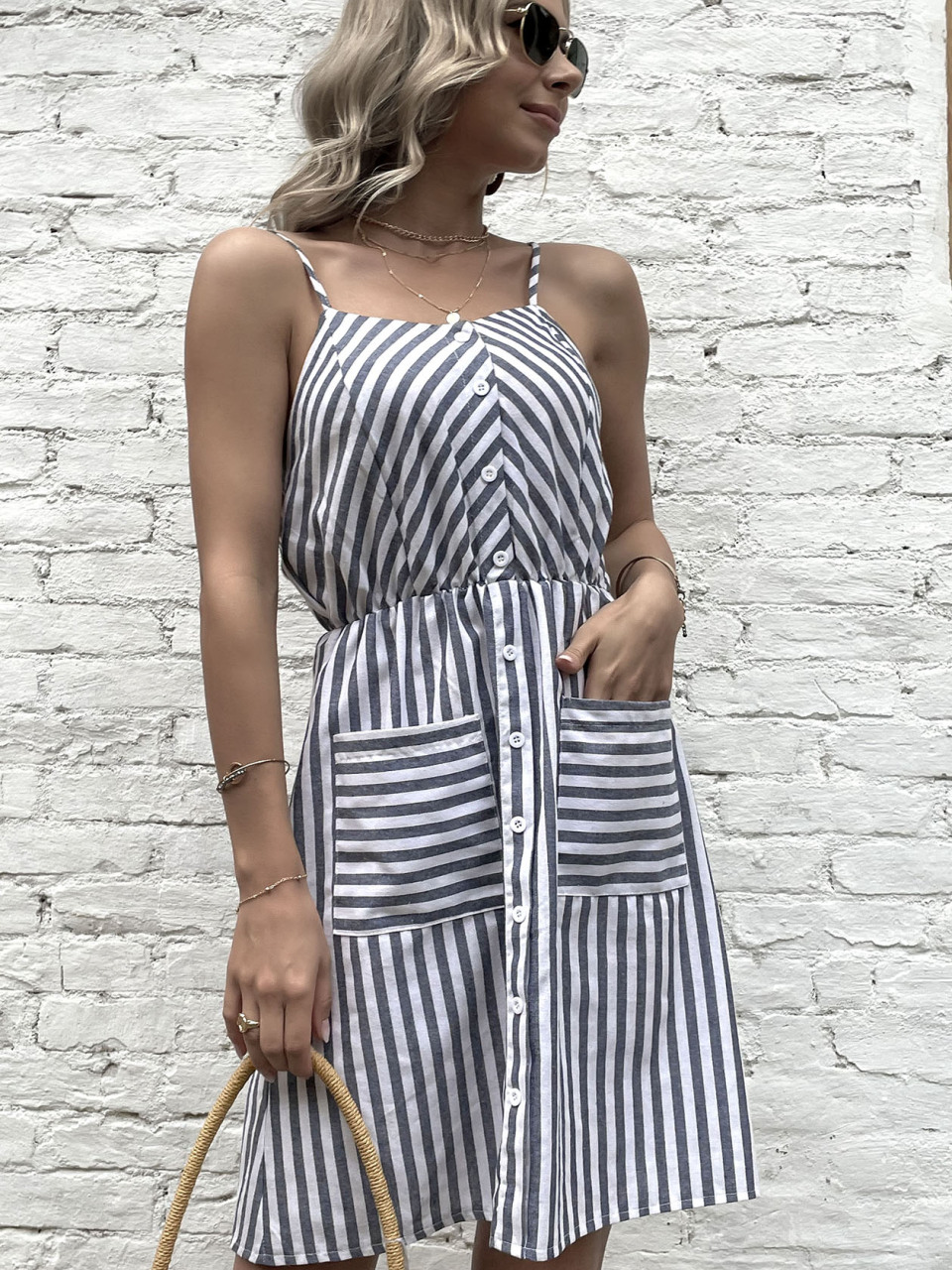 Women's Slip Dress Grey Striped Cotton Linen Dress