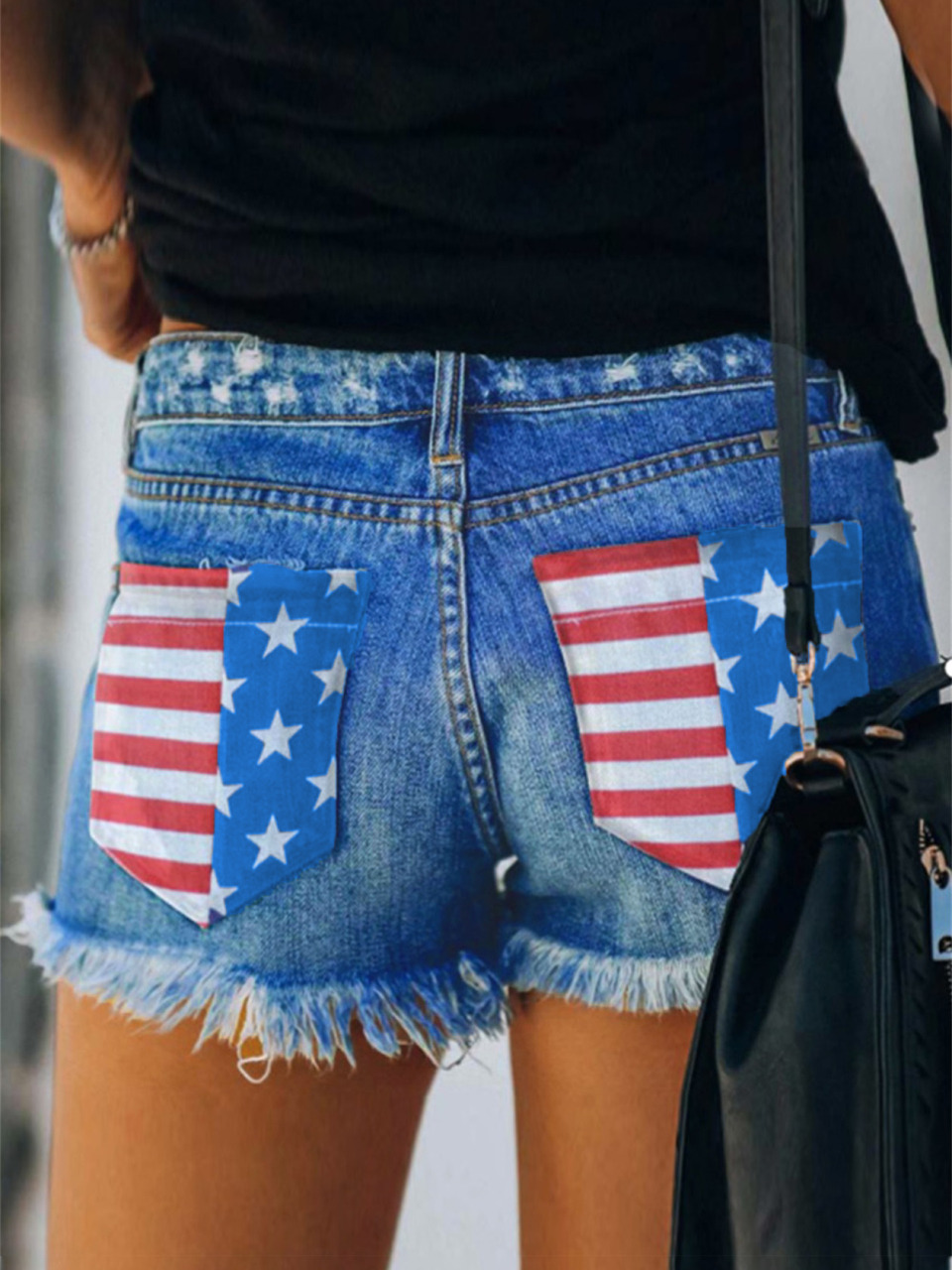 Women's American Flag Pocket Distressed Raw Hem Denim Shorts