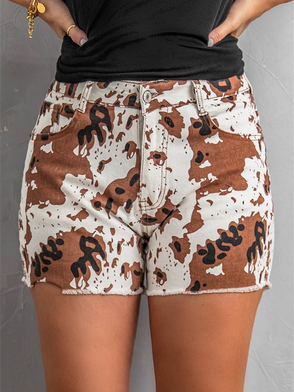 Women's Brown Cow Print Denim Shorts with Pockets