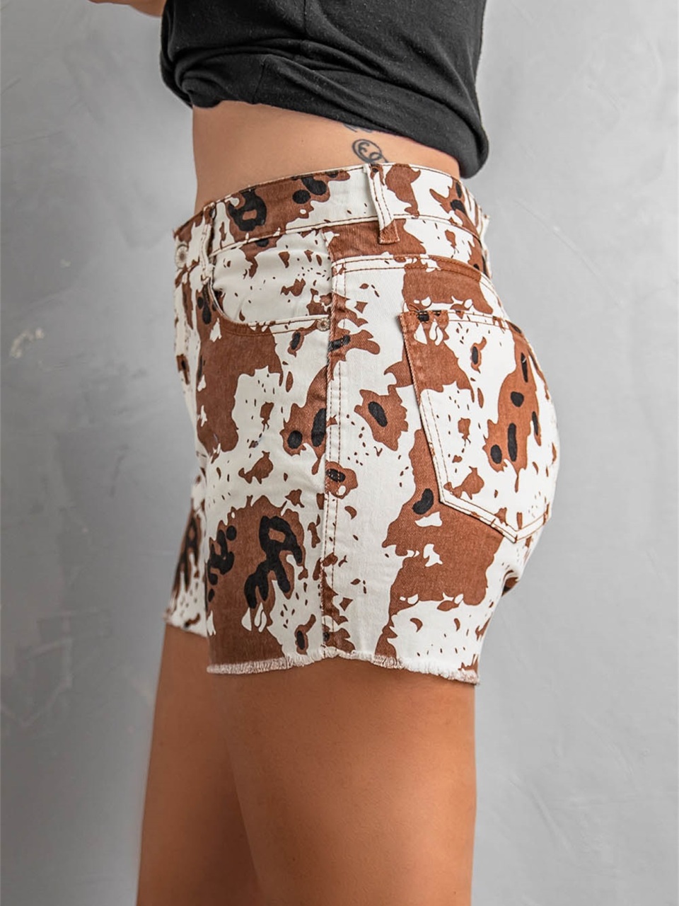 Women's Brown Cow Print Denim Shorts with Pockets