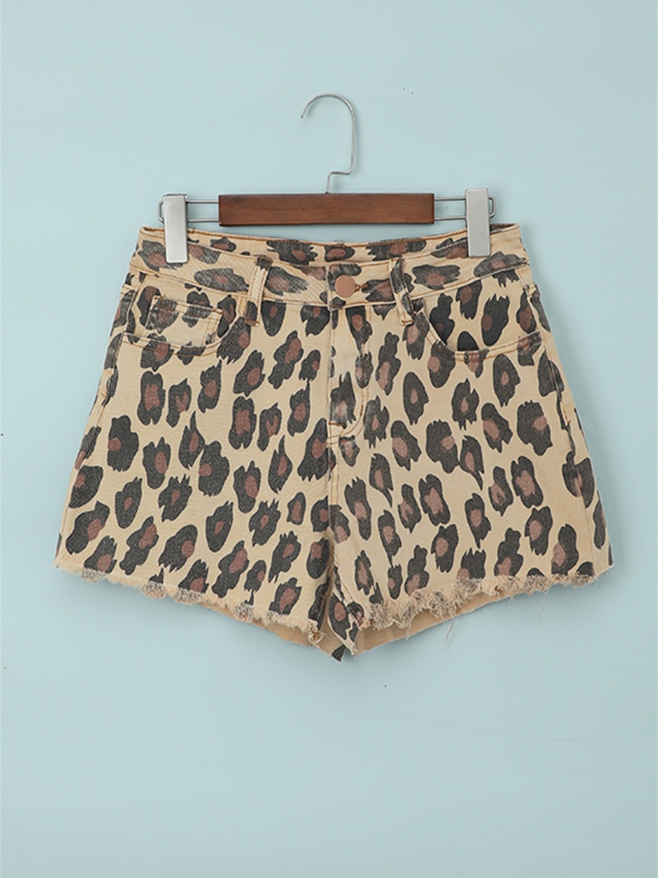 Women's Leopard Mid Waist Frayed Hemline Denim Shorts