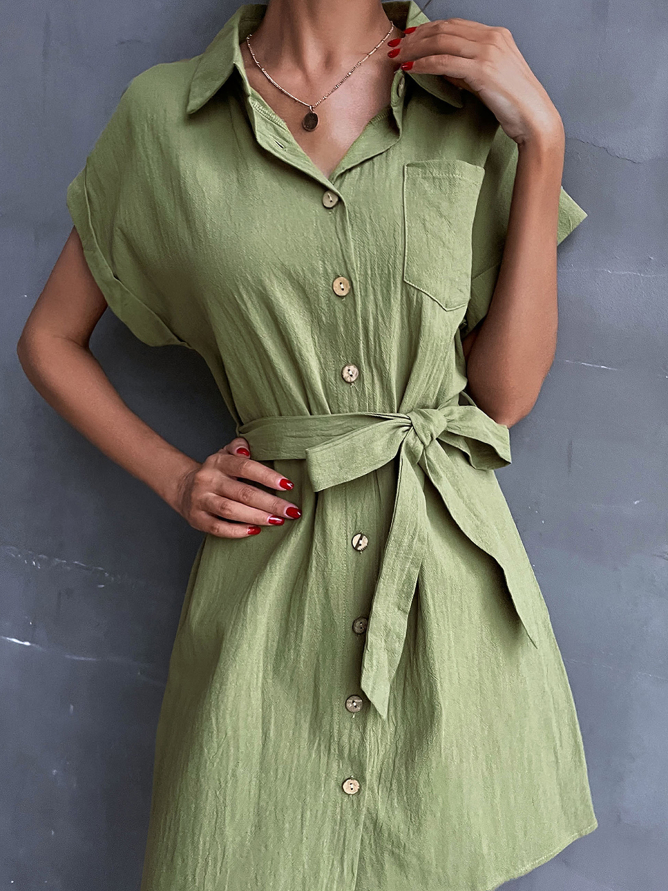 Women's Shirt Dress Green Lace Up Short Sleeve Cotton Linen Dress