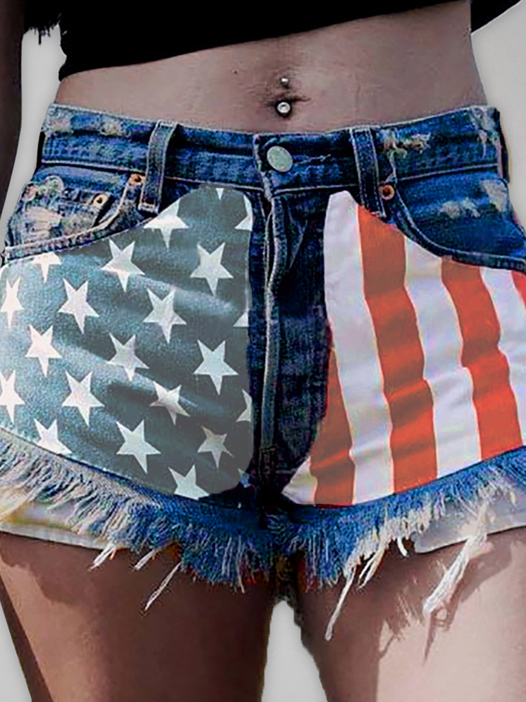 Women's American Flag Fringe Star Print Denim Shorts