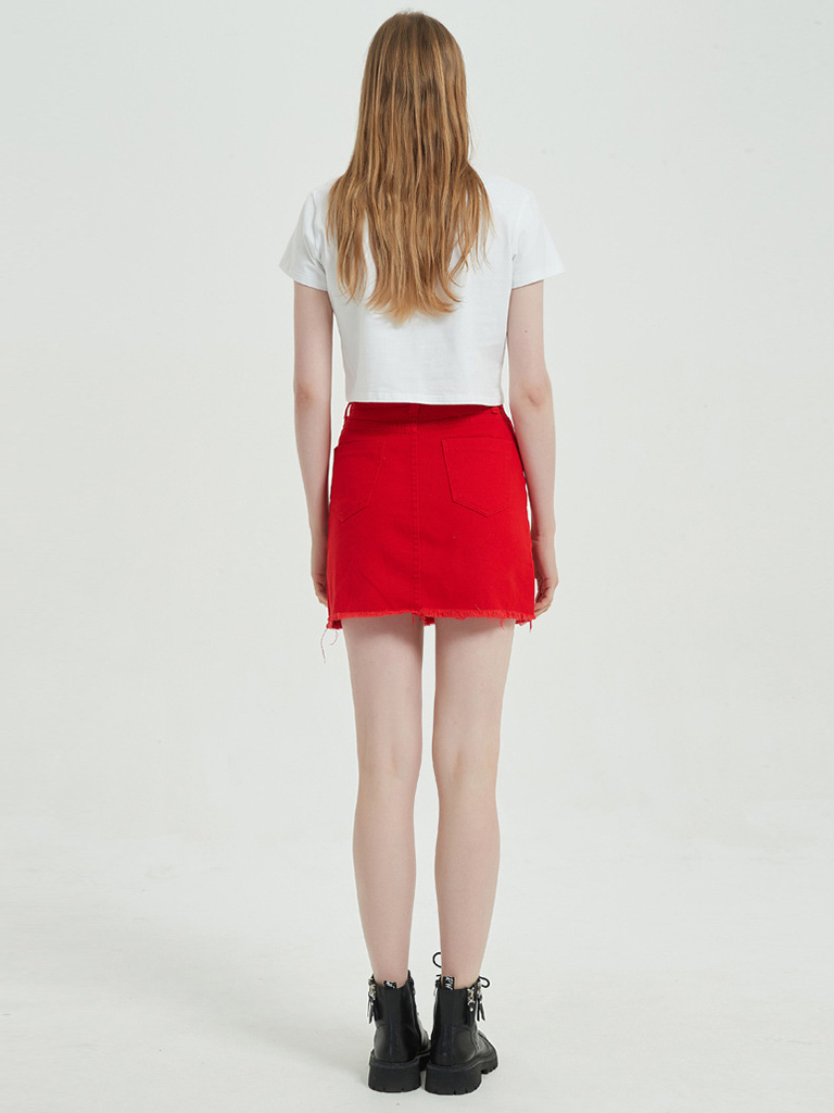 Women's spring and summer high waist ripped hole bag hip denim skirt