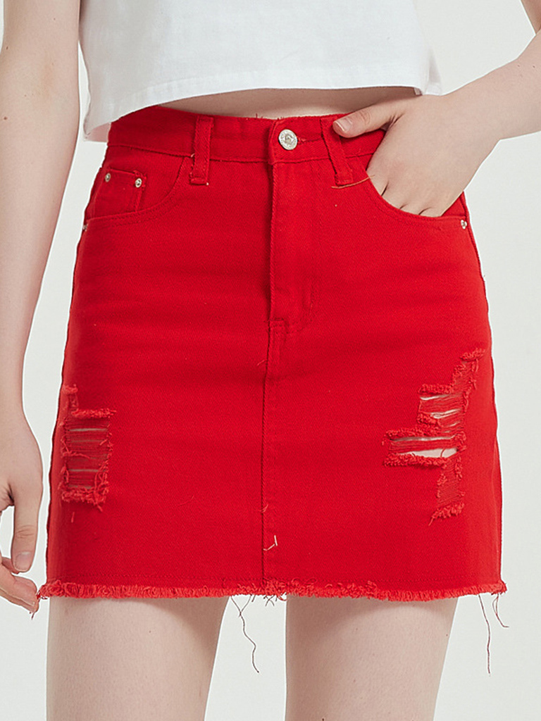Women's spring and summer high waist ripped hole bag hip denim skirt