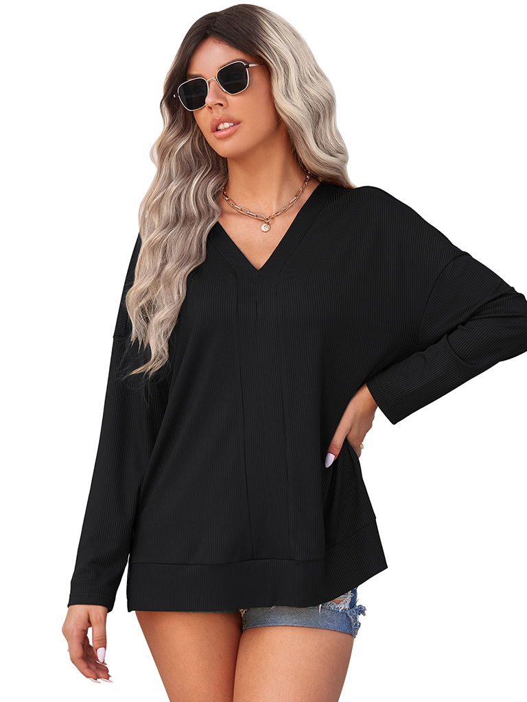 Women's solid color Pullover thin knit V-neck knit top
