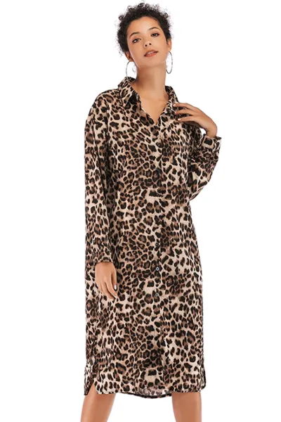 Vintage Loose Leopard Lapel Long Chiffon Shirt Dress