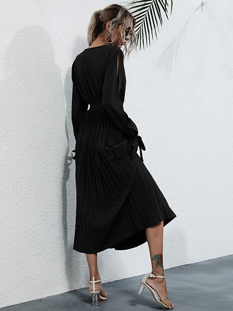 Women's Solid Color V-Neck Cutout Long Sleeve Dress