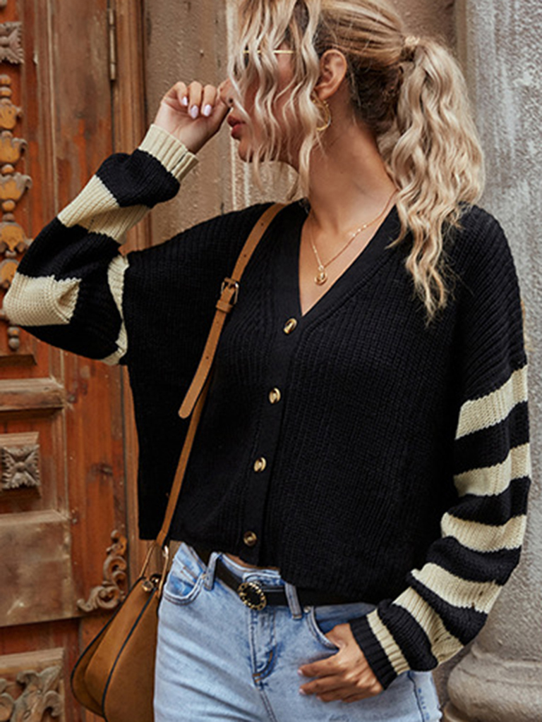 women's knitted striped sweater short coat cardigan