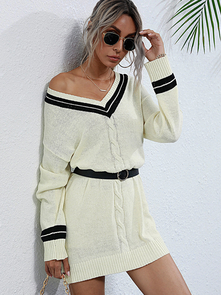 women's stitching v-neck long bottoming knitted sweater dress