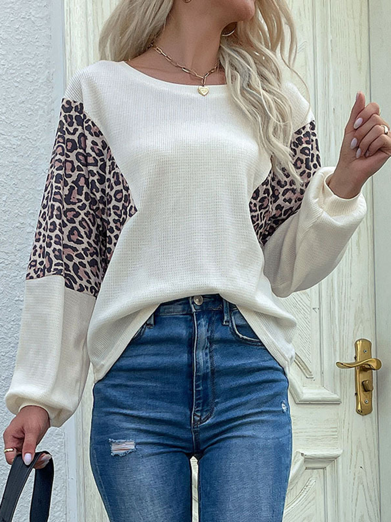 loose crew neck bottoming leopard print knitted sweater
