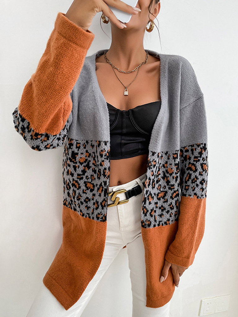 Women's Leopard Contrast Long Sleeve Cardigan Sweater