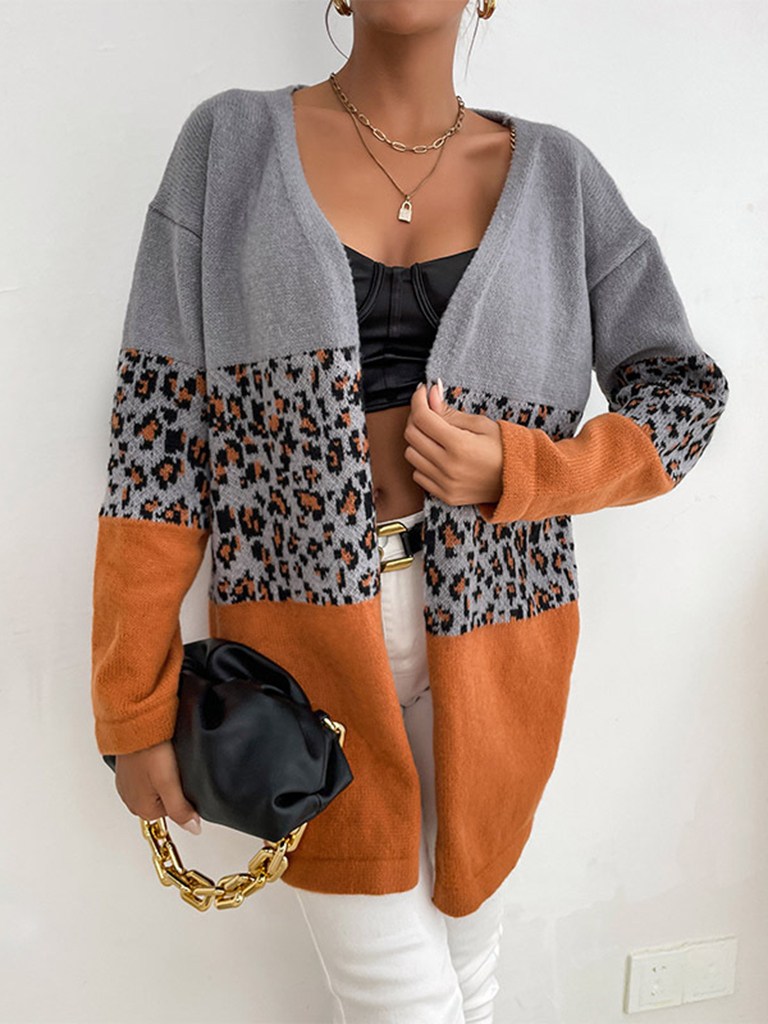 Women's Leopard Contrast Long Sleeve Cardigan Sweater