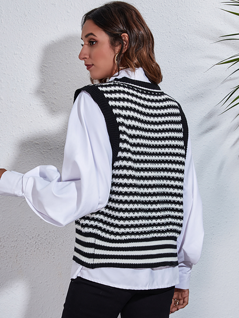 Women's stripe knitted Cardigan Sweater Vest