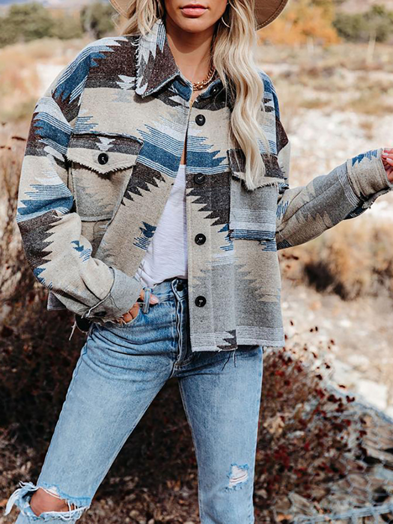 Women's Vintage Ethnic Geometric Print Long Sleeve Woolen Jacket