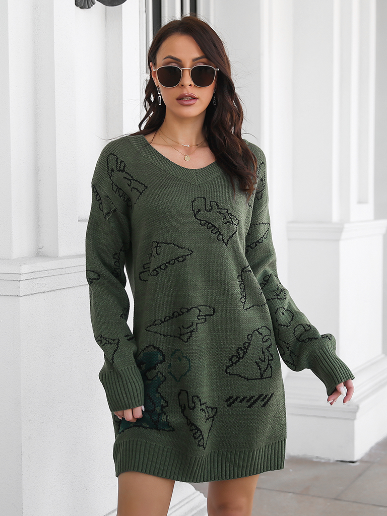 Women's Dinosaur cartoon jacquard V-neck falling shoulder long sleeve wool dress