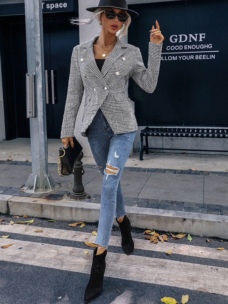 Woman'S Autumn New Slim Fit Small Suit Business Button Plaid Long Sleeve Blazer