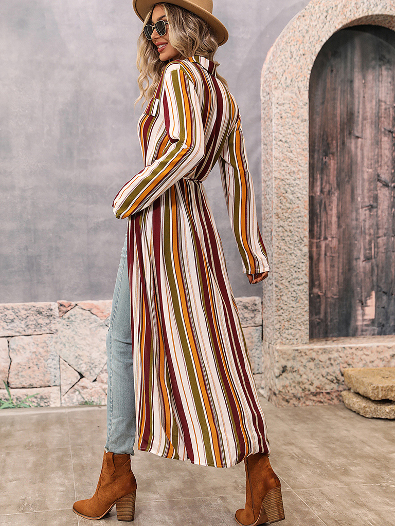 Woman'S Autumn New Lapel Striped Print Top Loose Waist Long Sleeve Shirt Dress