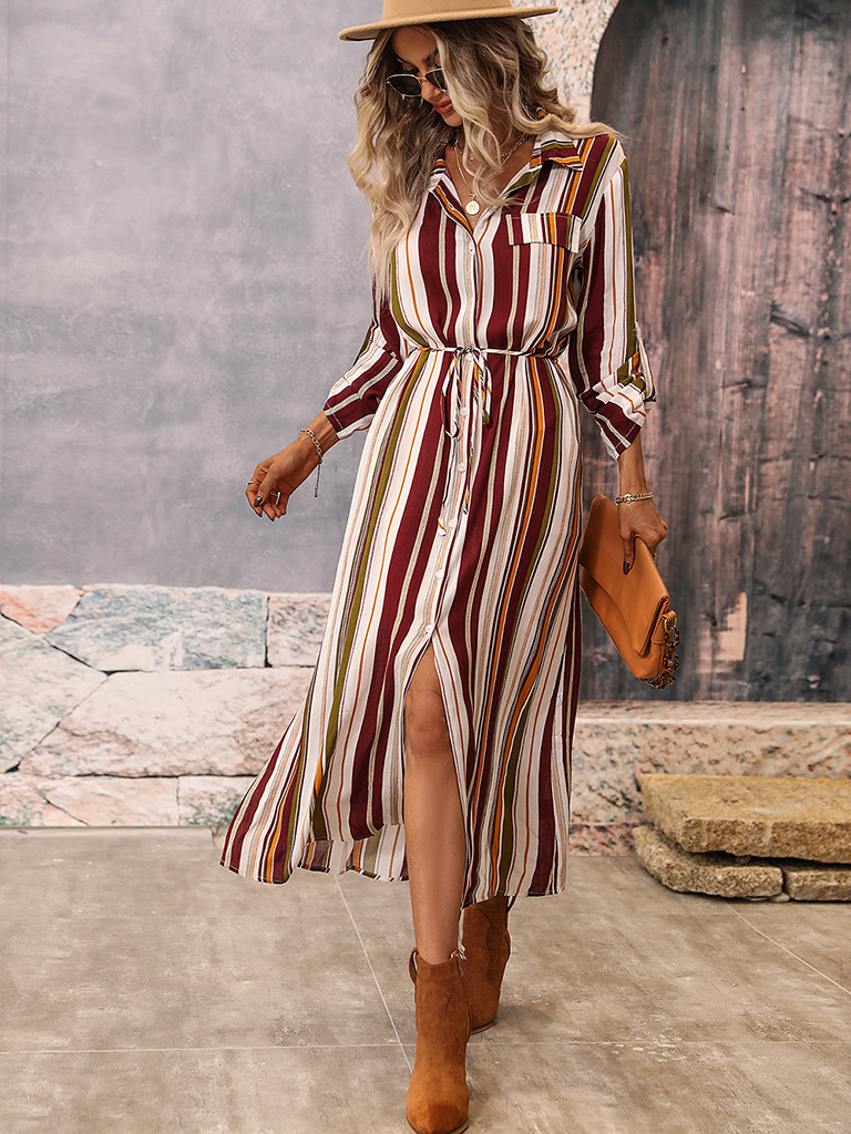 Woman'S Autumn New Lapel Striped Print Top Loose Waist Long Sleeve Shirt Dress