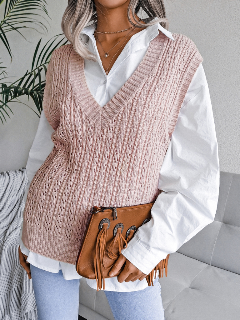 Women's V-neck hollow out fried dough twist casual knitting vest sweater