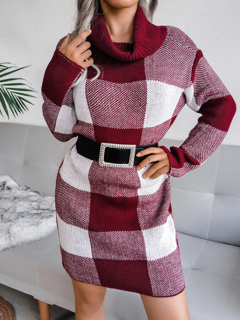 Women's casual Plaid high collar wool dress knitted dress