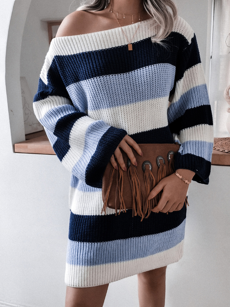 Women's straight neck off shoulder loose contrast striped knitted wool dress