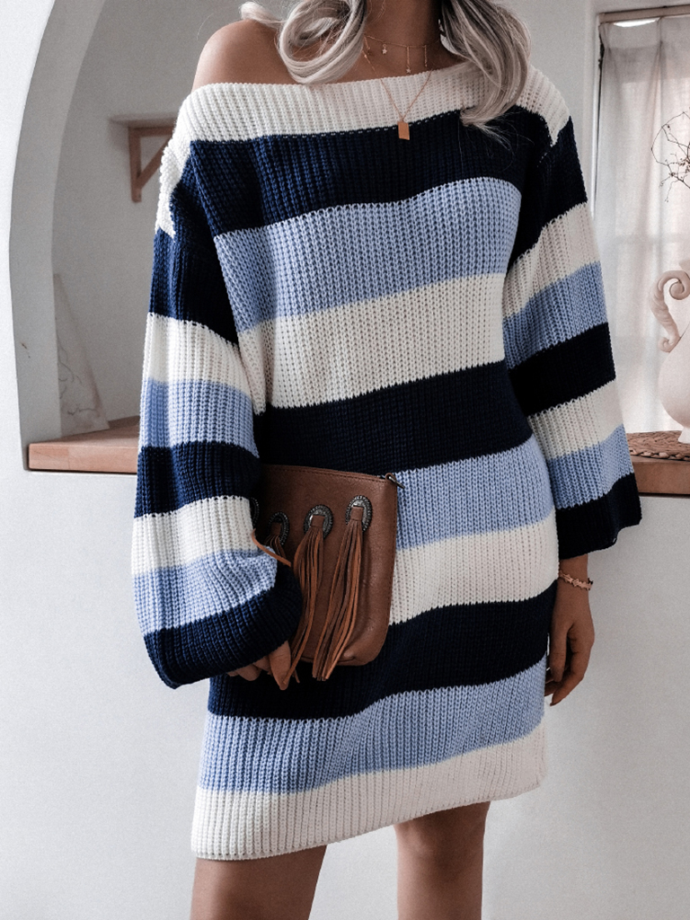 Women's straight neck off shoulder loose contrast striped knitted wool dress