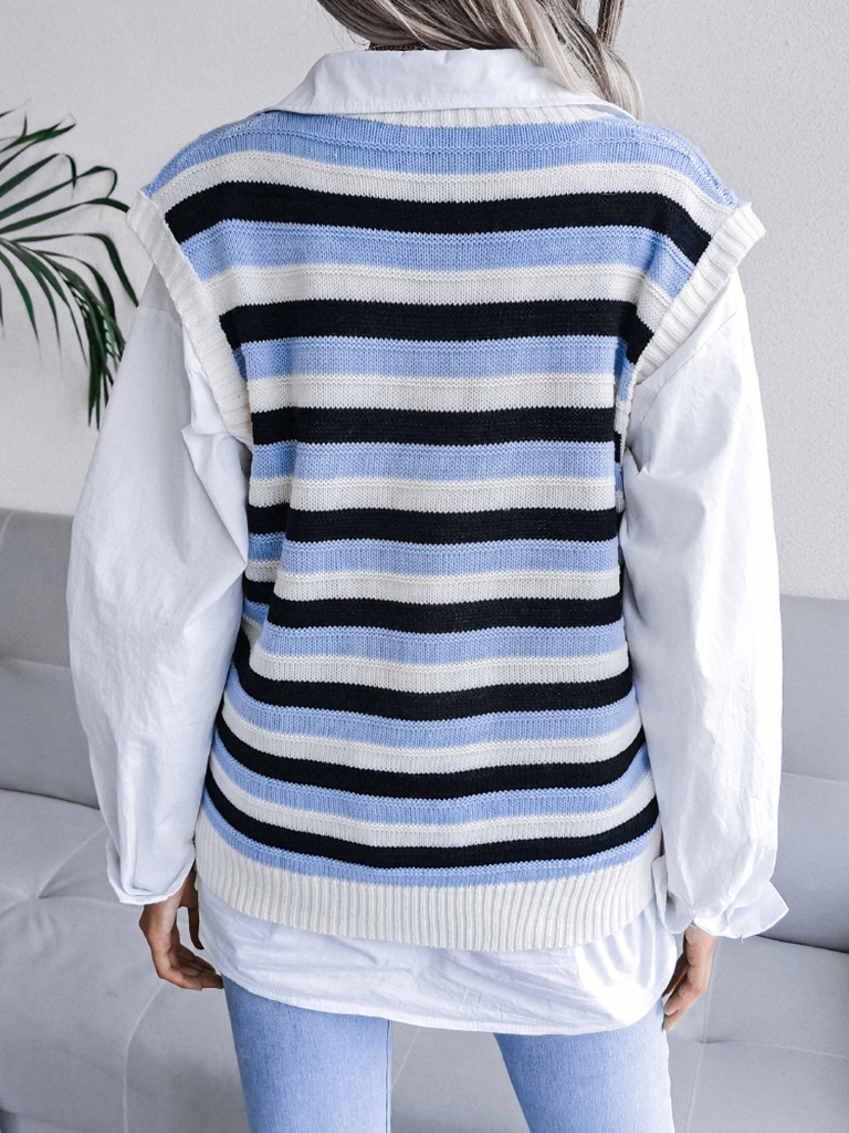 Women's V-neck hollow stripe vest sweater