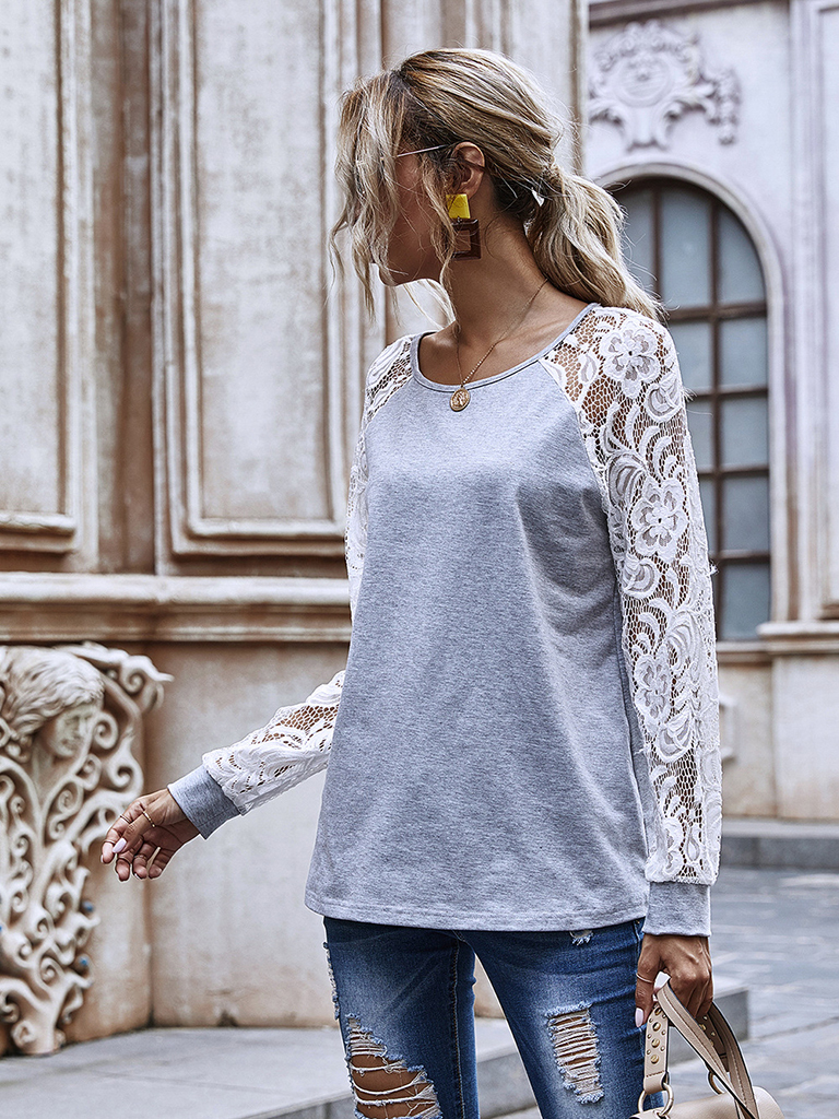 Woman'S Hollow Lace Long Sleeve Round Neck Sweater Autumn New Casual Tops