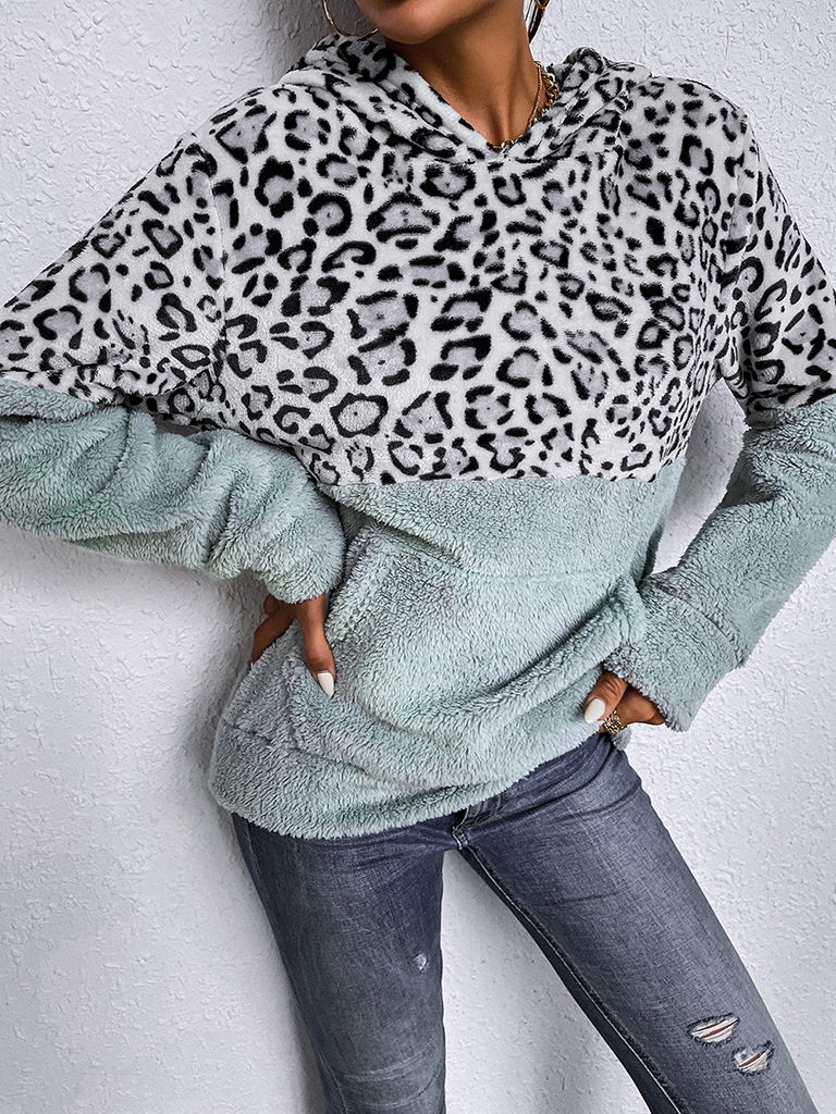 Woman'S Autumn Top Coat New Leopard Print Long Sleeve Fleece Hooded Sweater