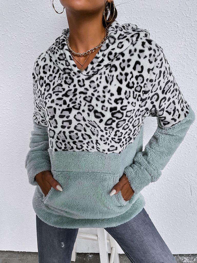 Woman'S Autumn Top Coat New Leopard Print Long Sleeve Fleece Hooded Sweater