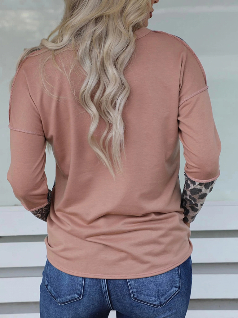 Women's Patchwork Printed Long Sleeve Pocket Casual Top