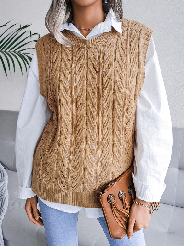 Women's round neck hollow leaf casual knitted vest sweater