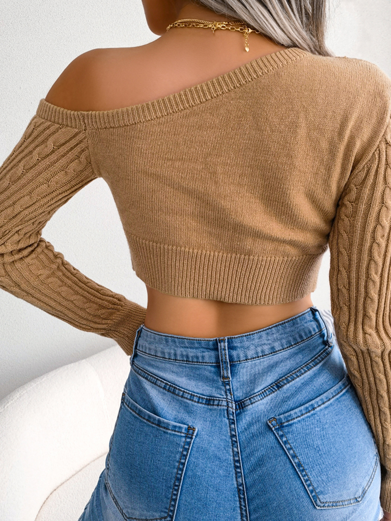 Women's fashion fried dough twist off shoulder long sleeve short knit sweater