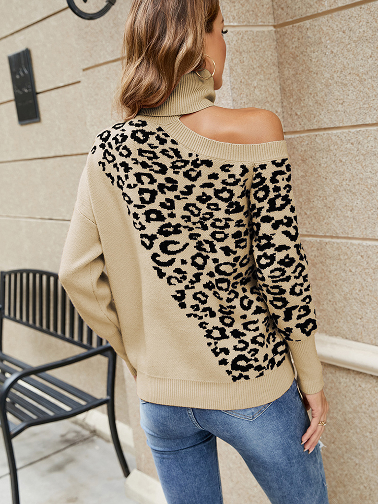 Women's Lapel Leopard Print Sexy Off Shoulder Sweater