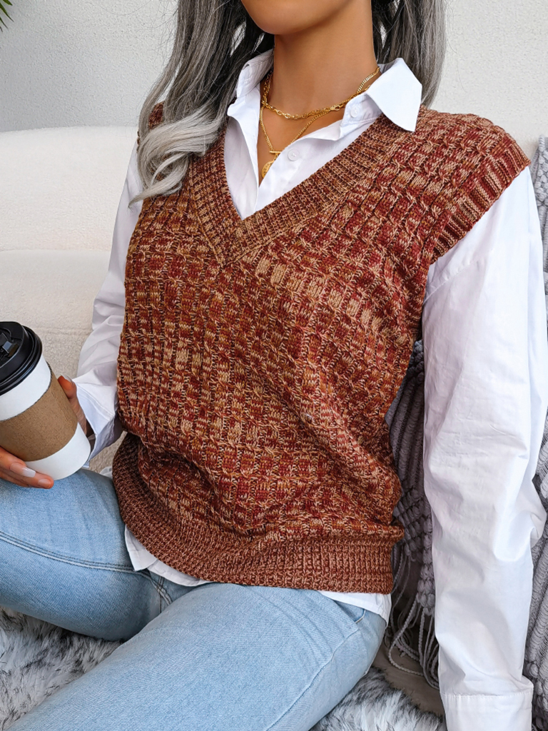 Women's color fried dough twist V-neck knitted vest Sweater Vest