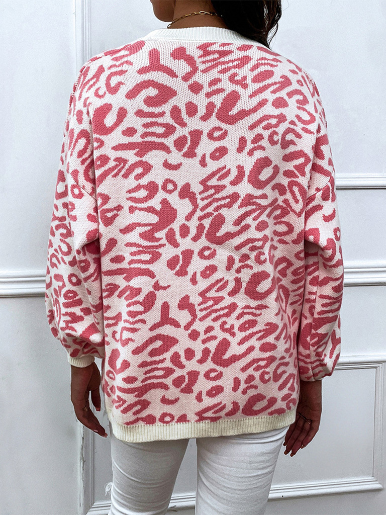 Women's Contrast Leopard Print Pullover Loose Sweater