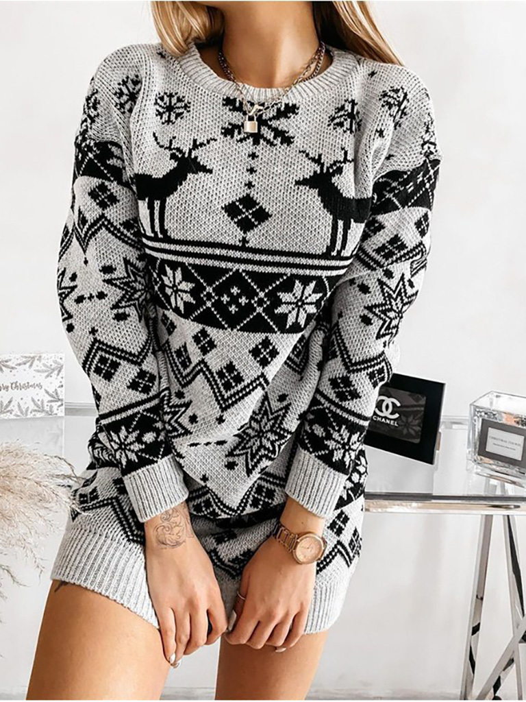 Women's Elk Snowflake Christmas Jacquard Knit Dress