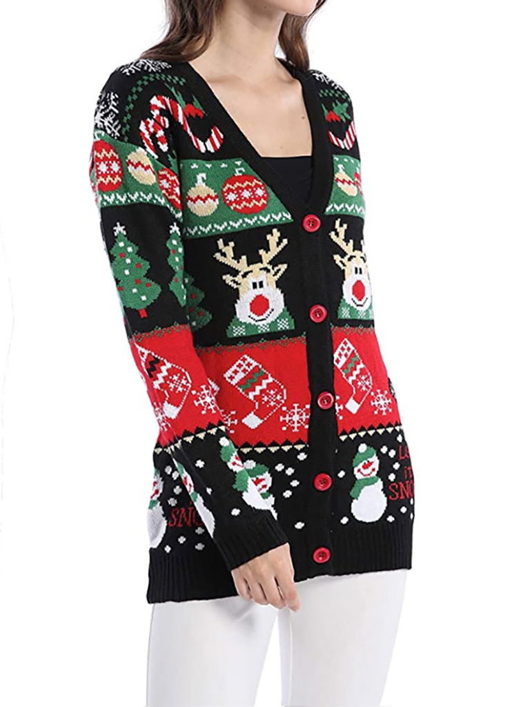 V-Neck Jacquard Christmas Drop-Sleeve Sweater