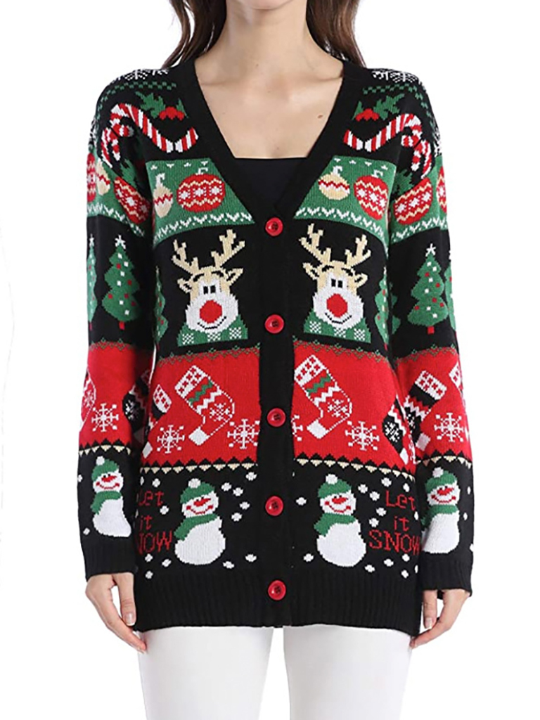 V-Neck Jacquard Christmas Drop-Sleeve Sweater