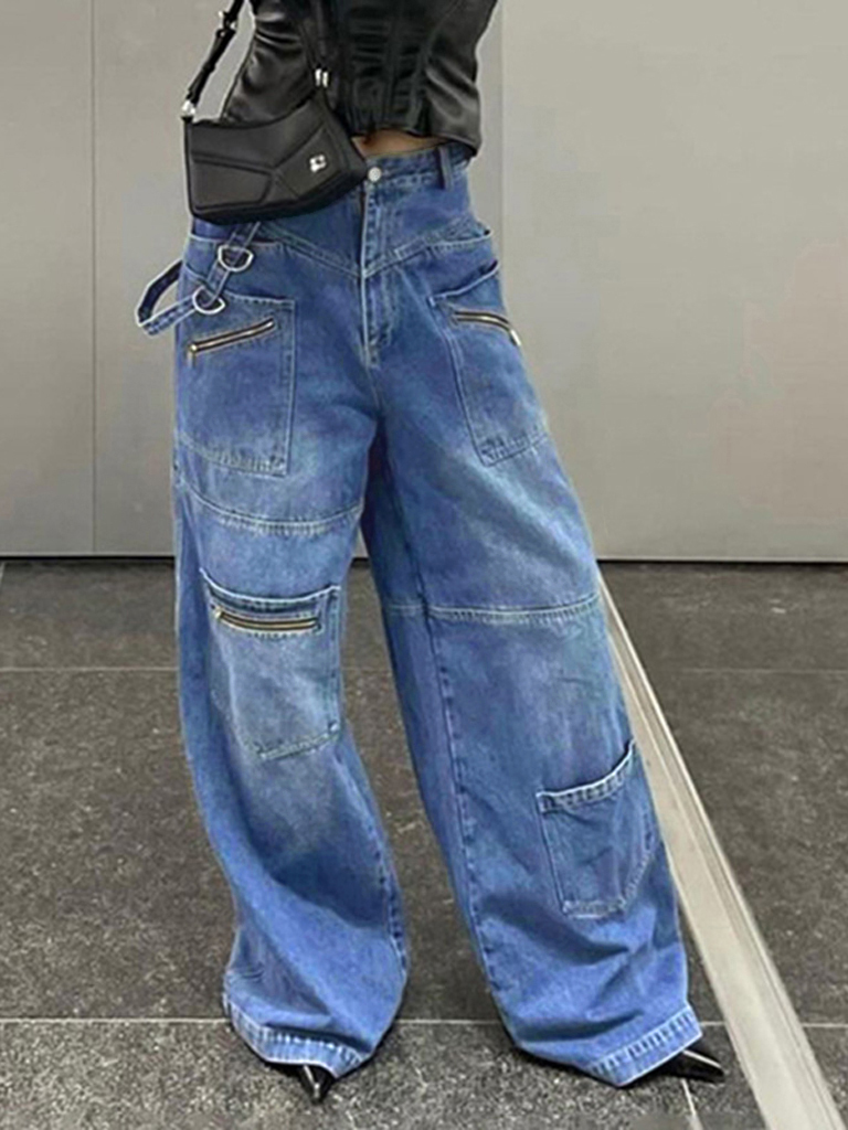 Multi-pocketed, zipped, distressed jeans with a straight leg and wide leg