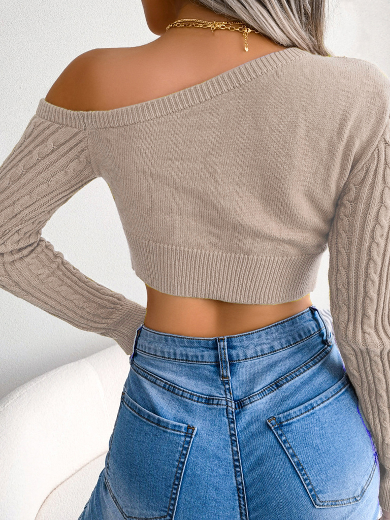 Women's Twist Off Shoulder Long Sleeve Cropped Knit Sweater