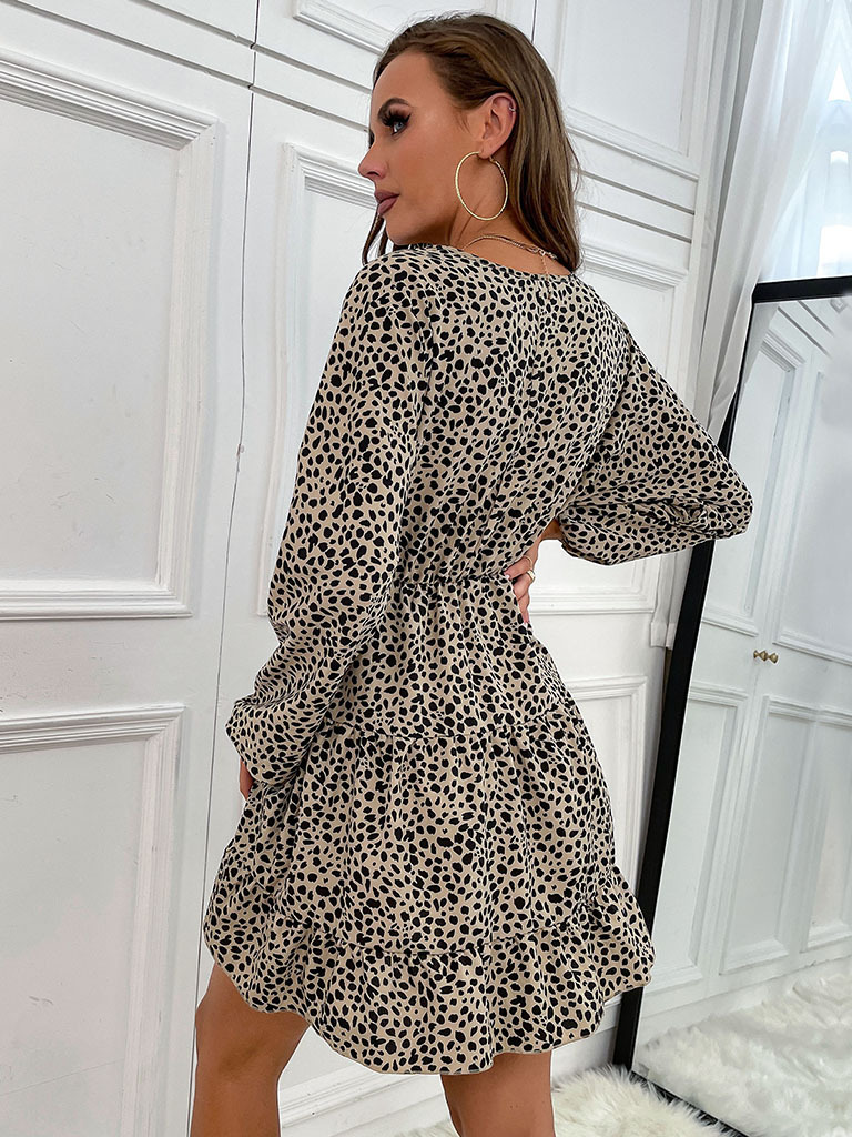 Women's long-sleeved leopard print v-neck Slim bottoming dresses dresses