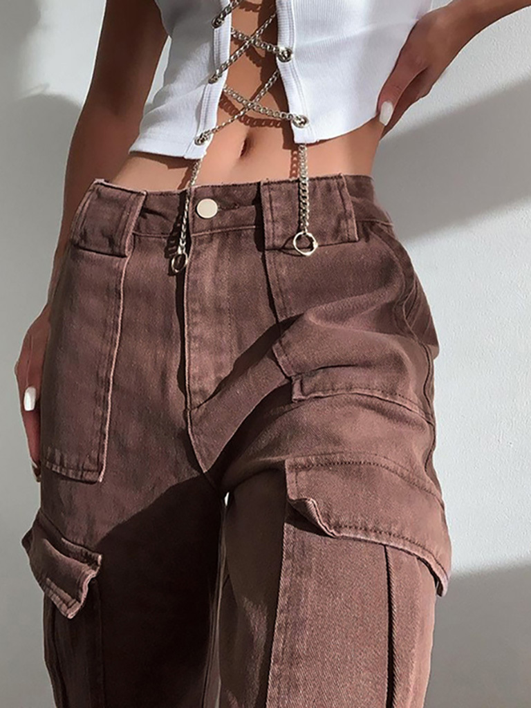 Women's Fashion Pocket Panel Casual Loose Mid Waist Cargo Pants