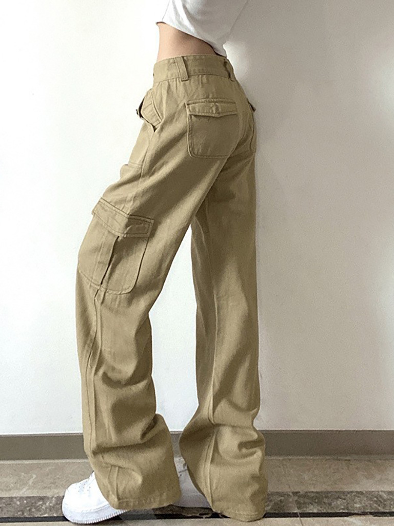 Women's ins loose big pocket personality two button waist straight overalls