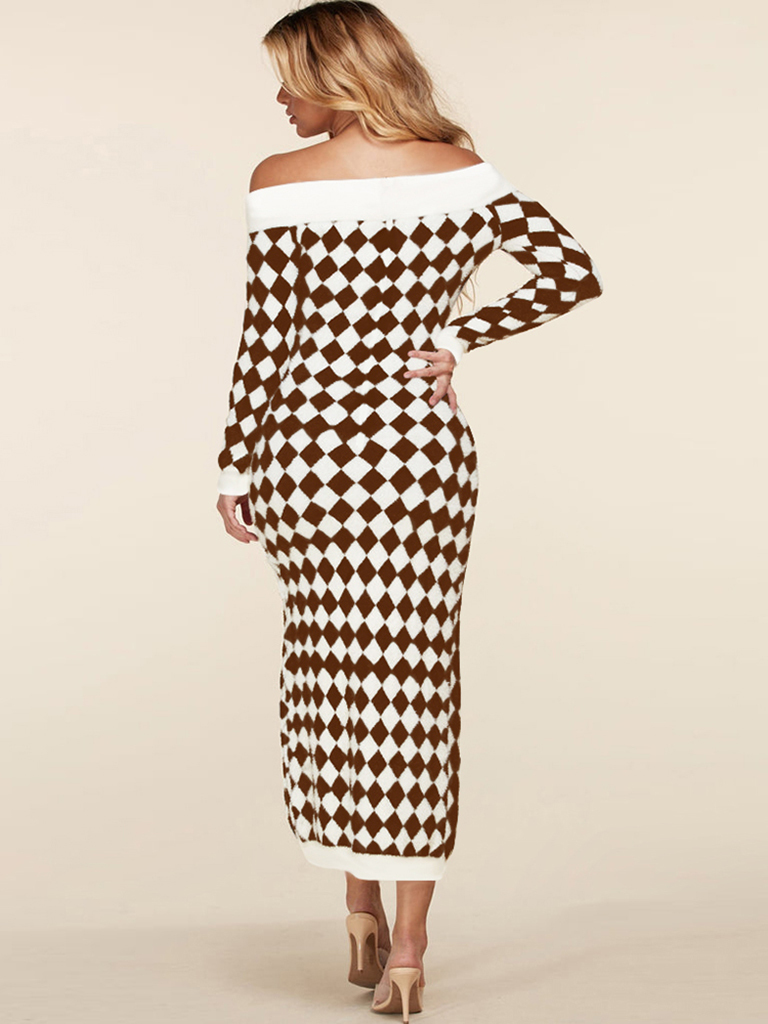 Women's sexy strapless long-sleeved plush knitted plaid dress