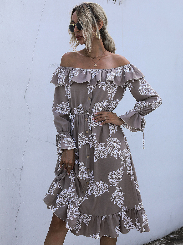 Women strapless one-piece collar long-sleeved printed thin dress